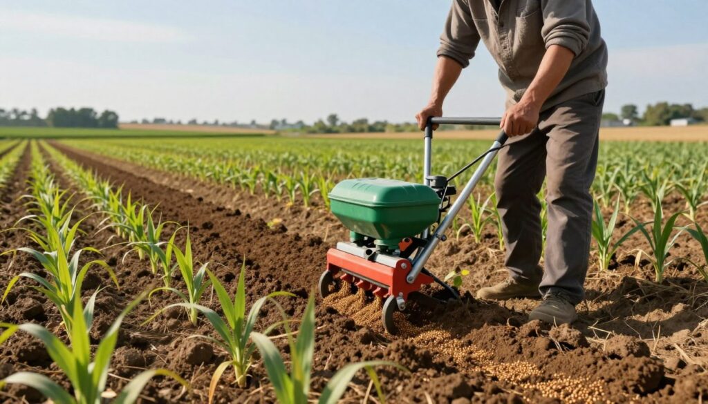 A professional agricultural landscape showcasing the practical techniques of millet sowing. In the foreground, a farmer in modest casual clothing is using a modern seed drill, carefully placing millet seeds into well-prepared soil. The middle ground features neatly organized rows of millet plants beginning to sprout, their vibrant green leaves contrasting against the rich brown earth. In the background, a picturesque rural scenery with a clear blue sky and distant fields can be seen. The lighting is warm and natural, suggesting a sunny day, enhancing the mood of productivity and hopefulness. The image should focus on capturing the essence of traditional farming techniques combined with modern innovations, illustrating the harmony between nature and agricultural practice. A professional agricultural landscape showcasing the practical techniques of millet sowing. In the foreground, a farmer in modest casual clothing is using a modern seed drill, carefully placing millet seeds into well-prepared soil. The middle ground features neatly organized rows of millet plants beginning to sprout, their vibrant green leaves contrasting against the rich brown earth. In the background, a picturesque rural scenery with a clear blue sky and distant fields can be seen. The lighting is warm and natural, suggesting a sunny day, enhancing the mood of productivity and hopefulness. The image should focus on capturing the essence of traditional farming techniques combined with modern innovations, illustrating the harmony between nature and agricultural practice.