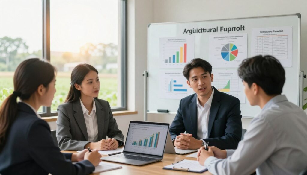 A professional setting depicting a financial assistance meeting focused on agricultural support. In the foreground, a diverse group of three individuals in business attire, engaged in discussion, with an open laptop displaying financial graphs. In the middle ground, a large window showing a sunny day, casting warm, natural light into the room. Behind them, a whiteboard filled with detailed guidelines and conditions for receiving financial aid, showcasing charts and lists with diagrams. The atmosphere is collaborative and focused, conveying a sense of purpose and hope for farmers seeking funding assistance. The image should capture professionalism, clarity, and a supportive environment, emphasizing the importance of financial guidance in agriculture. A professional setting depicting a financial assistance meeting focused on agricultural support. In the foreground, a diverse group of three individuals in business attire, engaged in discussion, with an open laptop displaying financial graphs. In the middle ground, a large window showing a sunny day, casting warm, natural light into the room. Behind them, a whiteboard filled with detailed guidelines and conditions for receiving financial aid, showcasing charts and lists with diagrams. The atmosphere is collaborative and focused, conveying a sense of purpose and hope for farmers seeking funding assistance. The image should capture professionalism, clarity, and a supportive environment, emphasizing the importance of financial guidance in agriculture.