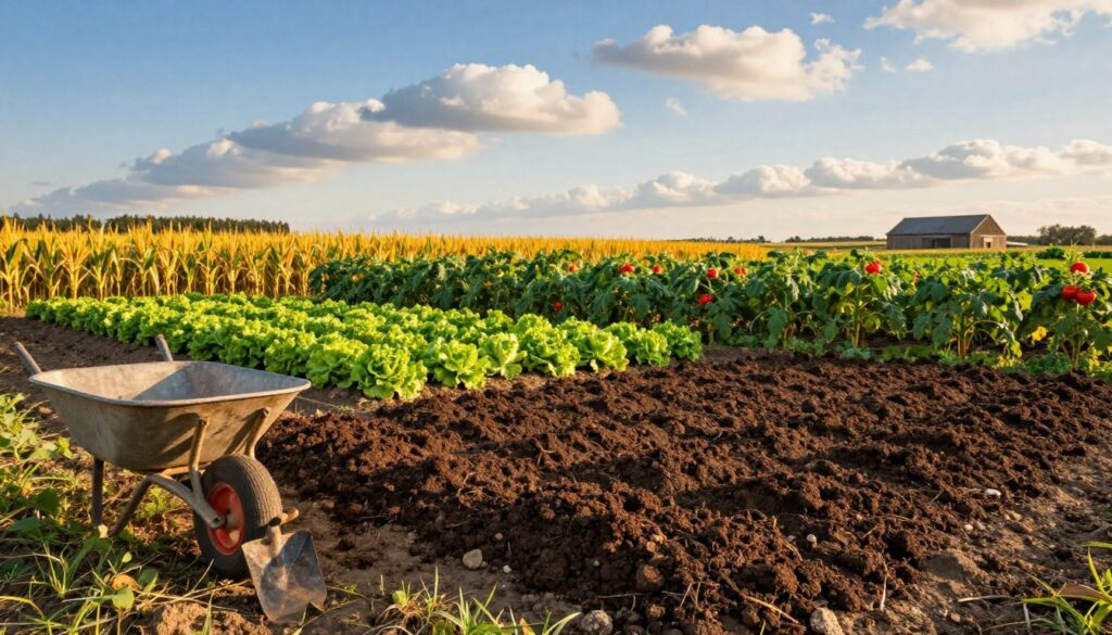 A rustic farm landscape showcasing a lush, fertile field freshly covered with dark, rich manure (obornik) spread evenly across the soil, illustrating its use in crop cultivation. In the foreground, include a wheelbarrow and gardening tools, symbolizing manual farming practices. In the middle, depict healthy rows of diverse crops—vibrant green lettuce, golden corn, and lush tomato plants—thriving on this nutrient-rich foundation, emphasizing the theme of crop-specific manure application. The background should feature a clear blue sky with fluffy white clouds and a distant barn, enhancing the rural atmosphere. The lighting should be warm and inviting, capturing the golden hour just before sunset, creating a serene and productive mood that reflects the importance of manure in sustainable farming practices. A rustic farm landscape showcasing a lush, fertile field freshly covered with dark, rich manure (obornik) spread evenly across the soil, illustrating its use in crop cultivation. In the foreground, include a wheelbarrow and gardening tools, symbolizing manual farming practices. In the middle, depict healthy rows of diverse crops—vibrant green lettuce, golden corn, and lush tomato plants—thriving on this nutrient-rich foundation, emphasizing the theme of crop-specific manure application. The background should feature a clear blue sky with fluffy white clouds and a distant barn, enhancing the rural atmosphere. The lighting should be warm and inviting, capturing the golden hour just before sunset, creating a serene and productive mood that reflects the importance of manure in sustainable farming practices.