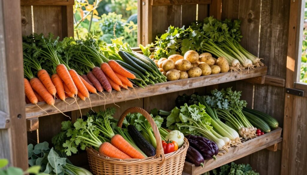 A rustic wooden storage shed filled with freshly harvested vegetables, including vibrant carrots, earthy potatoes, and leafy greens, arranged neatly on wooden shelves. In the foreground, showcase a wicker basket overflowing with various colorful vegetables. The middle ground features a slightly open shed door, allowing natural sunlight to filter through, casting warm golden light onto the vegetables and creating soft shadows for depth. The background includes hints of a lush garden visible through the shed doorway, enhancing the agricultural theme. Aim for a warm, inviting atmosphere, evoking a sense of abundance and care in vegetable storage. Use a slightly elevated angle to capture the shed's interior and the vibrant textures of the vegetables.
