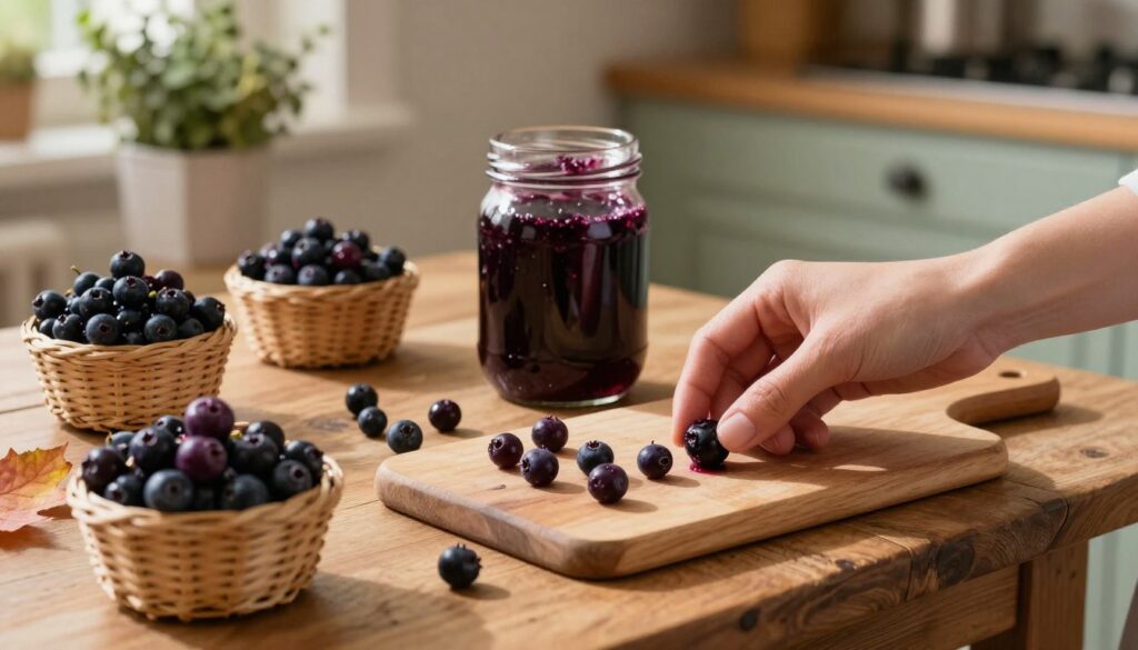 A rustic wooden table in a warmly lit kitchen, adorned with freshly harvested aronia berries in small wicker baskets. The foreground features a hand gently picking aronia berries, showcasing their deep purple color and glossy texture, while a cutting board lies nearby with some berries scattered across it. In the middle, a glass jar is being prepared, reflecting the light, hinting at it being filled with aronia for preserves or juice. The background includes vintage kitchen elements like a herbs box and autumn leaves, creating a cozy, homely atmosphere. Soft, natural lighting casts gentle shadows, conveying a sense of warmth and readiness for harvest. Focused at a slight angle to emphasize the arrangement and depth of the scene.