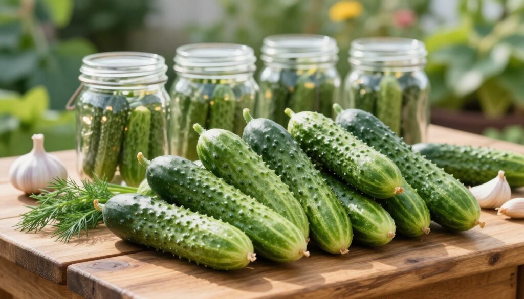 A rustic wooden table is the foreground, featuring a neatly arranged display of fresh, glistening cucumbers, showcasing their vibrant green hues and slight sheen. Some cucumbers have the essential bumps and ridges, emphasizing their freshness and suitability for pickling. Accentuate the scene with a few herbs like dill sprigs and garlic cloves subtly placed around them. In the middle ground, transparent glass jars are artistically arranged, ready for filling, reflecting the sunlight that streams in, creating a warm and inviting atmosphere. The background includes a soft-focus garden scene with greenery and hints of vegetables, adding depth and context. The lighting is warm and natural, enhancing the colors of the cucumbers, evoking a feeling of abundance and the peak of harvest season.