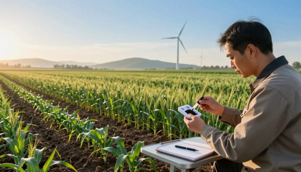 A serene agricultural landscape at sunrise, showcasing diverse crops with a focus on a lush green field representing nitrogen-rich soil. In the foreground, a farmer in professional attire is inspecting a soil sample, holding a test kit, while a notebook and pen rest on a small table beside him. The middle ground features rows of various plants, including wheat, corn, and legumes, with a gentle dew glistening in the early light. In the background, a clear blue sky enhances the vibrant colors of the field, with distant rolling hills and a wind turbine symbolizing sustainable farming practices. Soft, warm lighting creates a hopeful atmosphere, reflecting the importance of nitrogen regulations in agriculture. The composition captures a sense of responsibility and stewardship towards the environment. A serene agricultural landscape at sunrise, showcasing diverse crops with a focus on a lush green field representing nitrogen-rich soil. In the foreground, a farmer in professional attire is inspecting a soil sample, holding a test kit, while a notebook and pen rest on a small table beside him. The middle ground features rows of various plants, including wheat, corn, and legumes, with a gentle dew glistening in the early light. In the background, a clear blue sky enhances the vibrant colors of the field, with distant rolling hills and a wind turbine symbolizing sustainable farming practices. Soft, warm lighting creates a hopeful atmosphere, reflecting the importance of nitrogen regulations in agriculture. The composition captures a sense of responsibility and stewardship towards the environment.