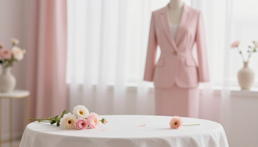 A serene and elegant setting featuring a soft powder pink color scheme. In the foreground, a minimalist table dressed in a delicate white cloth with scattered pastel flowers. The middle layer showcases a stylish outfit displayed elegantly on a mannequin, predominantly in powder pink, paired with neutral, soft-toned accessories. The background is tastefully blurred, revealing a light, airy room with smooth, soft lighting filtering through sheer curtains, creating a warm and inviting atmosphere. The image should evoke a sense of sophistication and lightness, capturing the essence of elegance without harsh contrasts or overwhelming patterns. Aim for a soft focus effect to enhance the tranquil mood, with a shallow depth of field highlighting the outfit and its harmonious colors.