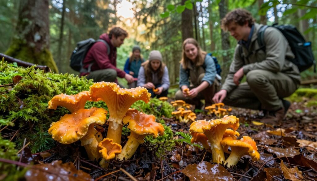 A serene and lush Polish forest after a gentle rain, showcasing the vibrant orange and yellow chanterelle mushrooms, known locally as "kurki," emerging from the rich, dark earth. In the foreground, clusters of these delightful mushrooms are nestled among soft green moss and fallen leaves, glistening with raindrops that catch the light. In the middle ground, a cozy group of foragers, dressed in modest casual clothing, kneels and examines the mushrooms with expressions of curiosity and excitement. The background features tall, lush trees with delicate shafts of soft sunlight filtering through the canopy, creating a warm, inviting atmosphere. The angle captures the depth of the forest, emphasizing the beauty and abundance of nature, evoking a sense of discovery and adventure in the hunt for these delightful fungi. A serene and lush Polish forest after a gentle rain, showcasing the vibrant orange and yellow chanterelle mushrooms, known locally as "kurki," emerging from the rich, dark earth. In the foreground, clusters of these delightful mushrooms are nestled among soft green moss and fallen leaves, glistening with raindrops that catch the light. In the middle ground, a cozy group of foragers, dressed in modest casual clothing, kneels and examines the mushrooms with expressions of curiosity and excitement. The background features tall, lush trees with delicate shafts of soft sunlight filtering through the canopy, creating a warm, inviting atmosphere. The angle captures the depth of the forest, emphasizing the beauty and abundance of nature, evoking a sense of discovery and adventure in the hunt for these delightful fungi.
