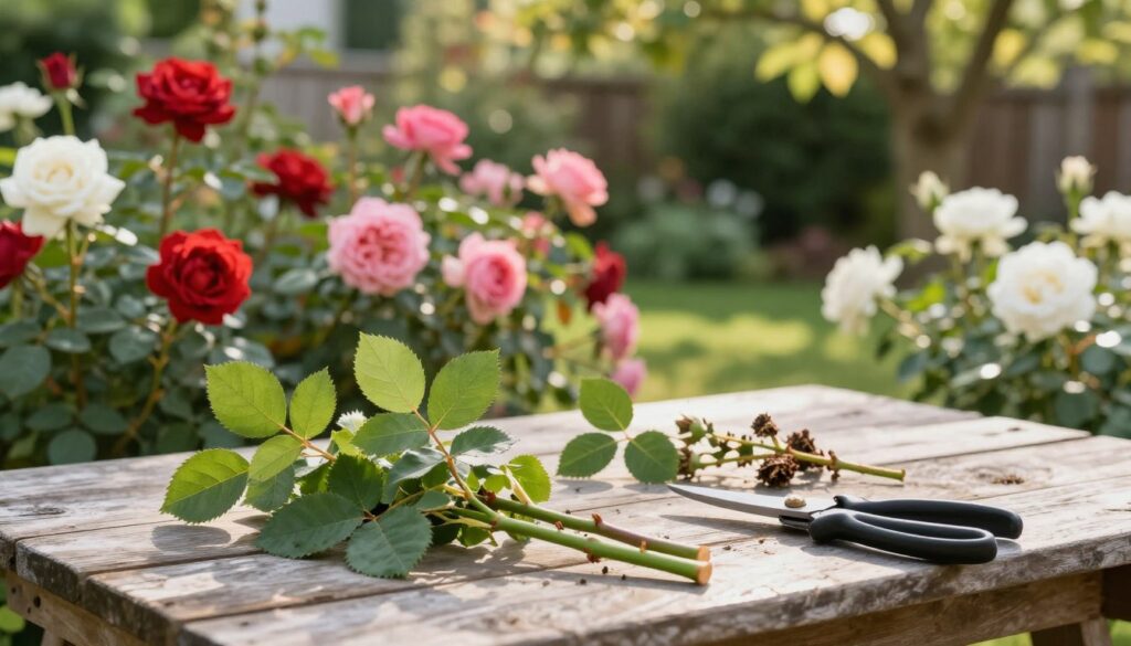 A serene and well-lit garden setting showcasing a variety of rose stems selected for propagation. In the foreground, a close-up of healthy rose stems with vibrant green leaves, showcasing the ideal conditions for cutting; a pair of clean, sharp gardening shears nearby. The middle ground features an array of rose bushes in full bloom, presenting a spectrum of colors: red, pink, and white, enhancing the view of the chosen materials. The background includes a soft-focus of a rustic wooden garden table, with sunlight filtering through the branches of surrounding trees, creating a warm and inviting atmosphere. The image embodies a calm and nurturing mood, with natural light highlighting the freshness of the plant materials, ideal for illustrating the careful selection process in plant propagation. A serene and well-lit garden setting showcasing a variety of rose stems selected for propagation. In the foreground, a close-up of healthy rose stems with vibrant green leaves, showcasing the ideal conditions for cutting; a pair of clean, sharp gardening shears nearby. The middle ground features an array of rose bushes in full bloom, presenting a spectrum of colors: red, pink, and white, enhancing the view of the chosen materials. The background includes a soft-focus of a rustic wooden garden table, with sunlight filtering through the branches of surrounding trees, creating a warm and inviting atmosphere. The image embodies a calm and nurturing mood, with natural light highlighting the freshness of the plant materials, ideal for illustrating the careful selection process in plant propagation.