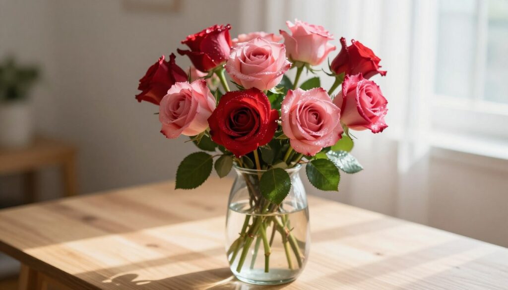 A serene arrangement of vibrant roses in a translucent glass vase, positioned on a light wooden table. The foreground features the delicate petals, showcasing rich hues of deep red and soft pink, glistening with morning dew. In the middle ground, the vase is lightly reflecting diffused sunlight, creating gentle highlights and subtle shadows that enhance the texture of the leaves. The background is softly blurred, hinting at a sunlit window with sheer curtains, inviting a warm and uplifting ambiance into the scene. The overall atmosphere exudes fresh elegance and tranquility, perfect for illustrating a nurturing environment for cut flowers. The image is captured from a slightly elevated angle, emphasizing the beauty and form of the blooming roses.
