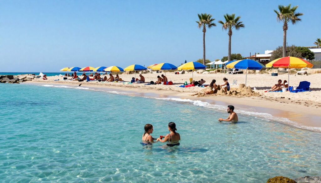 A serene beach scene on Cyprus in May, capturing the crystal-clear turquoise waters gently lapping at the sandy shore. In the foreground, a few individuals in modest swimwear enjoy the water, showcasing their delight in the warm temperature. The middle ground features vibrant beach umbrellas and sunbathers relaxing on towels under the sun, while a family builds a sandcastle nearby. In the background, tall palm trees sway gently in the breeze against a bright blue sky, enhancing the relaxed atmosphere. The sunlight creates shimmering reflections on the water's surface, and the overall mood is inviting and cheerful, emphasizing perfect conditions for swimming and enjoying the beach. A serene beach scene on Cyprus in May, capturing the crystal-clear turquoise waters gently lapping at the sandy shore. In the foreground, a few individuals in modest swimwear enjoy the water, showcasing their delight in the warm temperature. The middle ground features vibrant beach umbrellas and sunbathers relaxing on towels under the sun, while a family builds a sandcastle nearby. In the background, tall palm trees sway gently in the breeze against a bright blue sky, enhancing the relaxed atmosphere. The sunlight creates shimmering reflections on the water's surface, and the overall mood is inviting and cheerful, emphasizing perfect conditions for swimming and enjoying the beach.