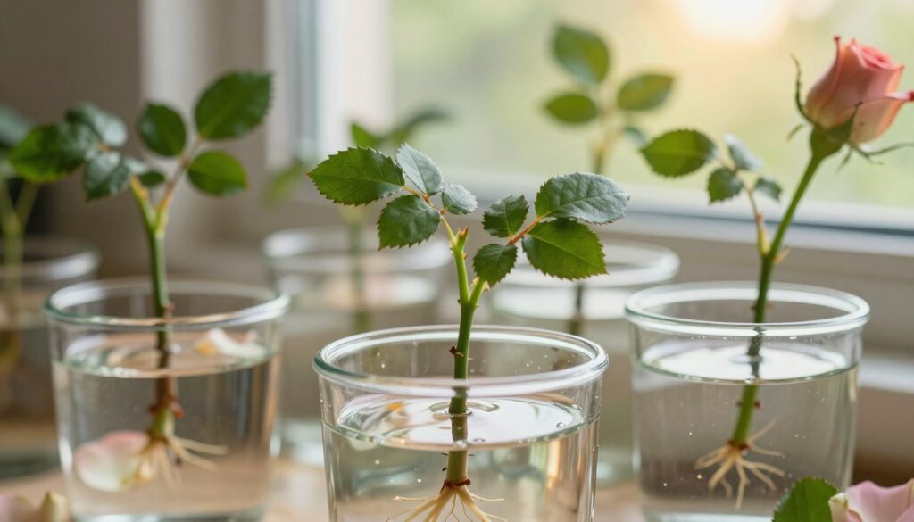 A serene close-up of rose cuttings immersed in clear water, showcasing their delicate green stems and vibrant leaves. The foreground features several glass containers filled with water, each holding a different variety of rose cutting, with some starting to root just below the water's surface. The middle ground displays soft focus greenery and hints of flower petals, while in the background, a sunlit window filters in warm, natural light, casting gentle reflections on the water. The atmosphere is tranquil and optimistic, symbolizing growth and potential. The image should capture a high level of detail and realism, with an emphasis on the water's clarity and the lushness of the roses, ideally captured with a macro lens angle to highlight their natural beauty. A serene close-up of rose cuttings immersed in clear water, showcasing their delicate green stems and vibrant leaves. The foreground features several glass containers filled with water, each holding a different variety of rose cutting, with some starting to root just below the water's surface. The middle ground displays soft focus greenery and hints of flower petals, while in the background, a sunlit window filters in warm, natural light, casting gentle reflections on the water. The atmosphere is tranquil and optimistic, symbolizing growth and potential. The image should capture a high level of detail and realism, with an emphasis on the water's clarity and the lushness of the roses, ideally captured with a macro lens angle to highlight their natural beauty.