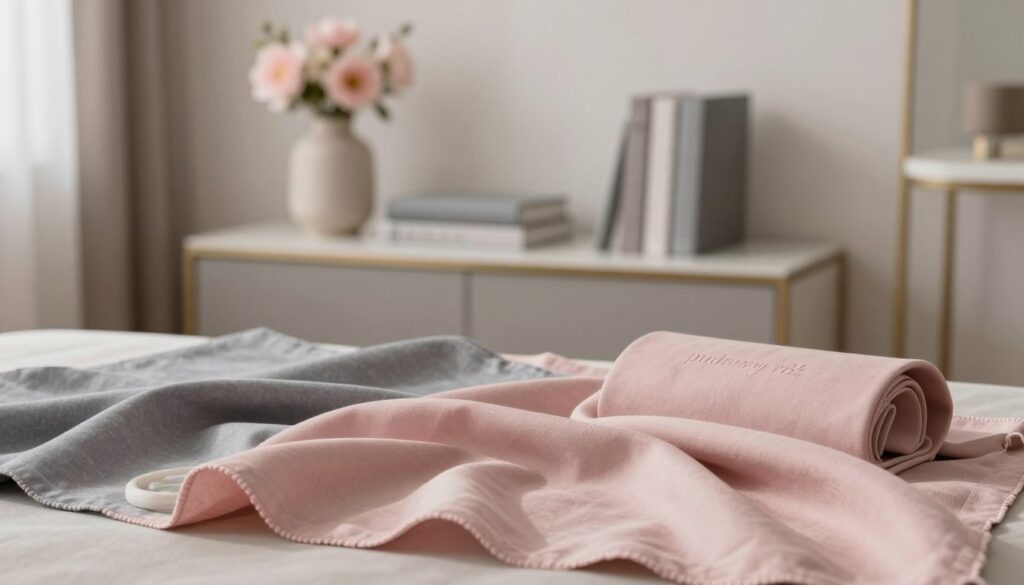 A serene, elegantly styled setting featuring soft "pudrowy róż" hues intermingled with shades of gray. In the foreground, delicate fabric swatches and accessories in dusty pink are artfully arranged on a stylish surface, showcasing their subtle textures. In the middle ground, a minimalist console table holds tasteful decorative pieces like a vase with pale pink flowers and gray decorative books, enhancing the harmonious color palette. The background is softly blurred, revealing a light-filled, neutral-toned room with elegant furnishings that evoke a calm, sophisticated atmosphere. The lighting is warm and inviting, casting gentle shadows to emphasize the softness of the colors. This composition captures the essence of lightness and elegance, perfect for showcasing the blend of pudrowy róż and gray.