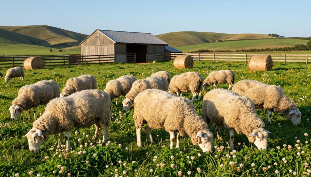 A serene farm landscape featuring a diverse group of healthy sheep grazing on lush, green pastures filled with vibrant wildflowers and dense clover. In the foreground, fluffy white sheep are munching on the rich grass, their woolly coats illuminated by warm, golden sunlight. The middle ground showcases a well-maintained barn with a rustic wooden fence, along with scattered bales of hay. In the background, rolling hills and a clear blue sky create a tranquil atmosphere. Highlight the blissful nature of the scene, emphasizing the nutritional aspects of the sheep's diet through the vivid detail of the greenery around them. Capture the scene from a slightly elevated angle to offer a comprehensive view of the grazing sheep and their surroundings, evoking a sense of harmony between nature and livestock.