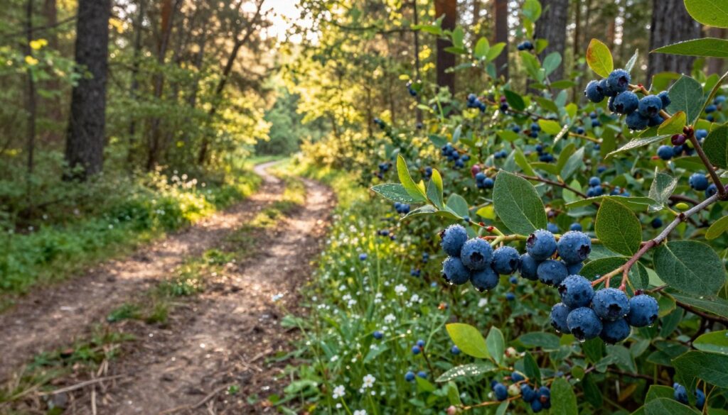 A serene forest scene in late spring, capturing the essence of the blueberry season in Polish woods. In the foreground, a lush cluster of ripe blueberries glistens with morning dew, their deep blue hues contrasting against green leaves. The middle ground features a sun-dappled dirt path winding through vibrant green underbrush, dotted with wildflowers. In the background, tall trees filter soft, golden sunlight that creates a warm, inviting atmosphere. A gentle breeze rustles the leaves, enhancing the sense of tranquility. The perspective is slightly elevated to capture both the details of the blueberries and the expansive forest view. The overall mood is peaceful and serene, embodying the anticipation of berry-picking season. A serene forest scene in late spring, capturing the essence of the blueberry season in Polish woods. In the foreground, a lush cluster of ripe blueberries glistens with morning dew, their deep blue hues contrasting against green leaves. The middle ground features a sun-dappled dirt path winding through vibrant green underbrush, dotted with wildflowers. In the background, tall trees filter soft, golden sunlight that creates a warm, inviting atmosphere. A gentle breeze rustles the leaves, enhancing the sense of tranquility. The perspective is slightly elevated to capture both the details of the blueberries and the expansive forest view. The overall mood is peaceful and serene, embodying the anticipation of berry-picking season.