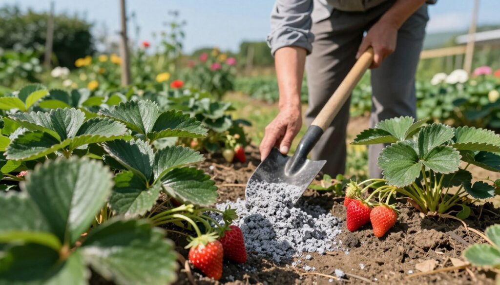 A serene garden scene depicting the practical use of wood ash under strawberry plants. In the foreground, vibrant green strawberry leaves with ripe, red strawberries peeking through the foliage, some lightly dusted with gray wood ash. The middle ground features a gardener, dressed in modest, casual attire, gently spreading wood ash around the base of the plants with a small hand shovel. A sunny atmosphere, with soft, warm lighting casting gentle shadows. In the background, a lush garden landscape with flowering plants and a clear blue sky enhances the tranquil, nurturing feel of the scene, emphasizing the connection between sustainable gardening practices and healthy fruit production. A serene garden scene depicting the practical use of wood ash under strawberry plants. In the foreground, vibrant green strawberry leaves with ripe, red strawberries peeking through the foliage, some lightly dusted with gray wood ash. The middle ground features a gardener, dressed in modest, casual attire, gently spreading wood ash around the base of the plants with a small hand shovel. A sunny atmosphere, with soft, warm lighting casting gentle shadows. In the background, a lush garden landscape with flowering plants and a clear blue sky enhances the tranquil, nurturing feel of the scene, emphasizing the connection between sustainable gardening practices and healthy fruit production.
