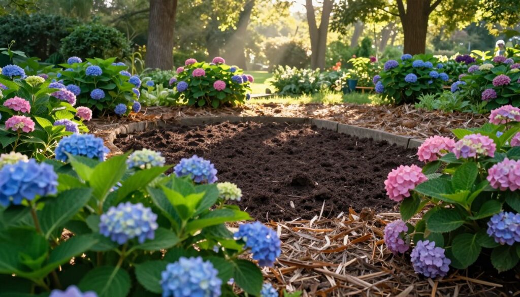 A serene garden scene featuring an ideal planting spot for hydrangeas (Hortensia). In the foreground, vibrant hydrangea plants with lush green leaves and colorful blooms, showcasing shades of blue and pink. In the middle ground, a well-prepared flower bed with rich, dark soil, surrounded by organic mulch and gently sloping edges. Behind, soft sunlight filters through a canopy of trees, creating dappled shadows that enhance the natural beauty. The atmosphere is tranquil and inviting, with a focus on nature's harmony. The scene captures a moment of early morning, with soft golden light illuminating the flowers, suggesting a perfect environment for planting. No people or text present. A serene garden scene featuring an ideal planting spot for hydrangeas (Hortensia). In the foreground, vibrant hydrangea plants with lush green leaves and colorful blooms, showcasing shades of blue and pink. In the middle ground, a well-prepared flower bed with rich, dark soil, surrounded by organic mulch and gently sloping edges. Behind, soft sunlight filters through a canopy of trees, creating dappled shadows that enhance the natural beauty. The atmosphere is tranquil and inviting, with a focus on nature's harmony. The scene captures a moment of early morning, with soft golden light illuminating the flowers, suggesting a perfect environment for planting. No people or text present.