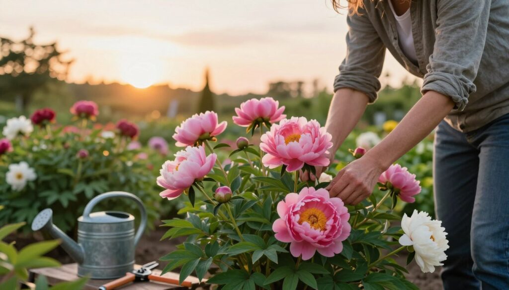 A serene garden scene focused on the care and nurturing of peonies. In the foreground, a gardener in modest casual clothing gently tends to a cluster of vibrant pink and white peony flowers, carefully checking their health and removing faded blooms. The middle ground showcases lush green foliage and various gardening tools, including a watering can and pruning shears, emphasizing the theme of plant care. In the background, a softly lit sky at golden hour casts a warm glow over the garden, enhancing the tranquil atmosphere. The scene should evoke a sense of peace and dedication to gardening, highlighting the beauty of these beloved flowers. A serene garden scene focused on the care and nurturing of peonies. In the foreground, a gardener in modest casual clothing gently tends to a cluster of vibrant pink and white peony flowers, carefully checking their health and removing faded blooms. The middle ground showcases lush green foliage and various gardening tools, including a watering can and pruning shears, emphasizing the theme of plant care. In the background, a softly lit sky at golden hour casts a warm glow over the garden, enhancing the tranquil atmosphere. The scene should evoke a sense of peace and dedication to gardening, highlighting the beauty of these beloved flowers.
