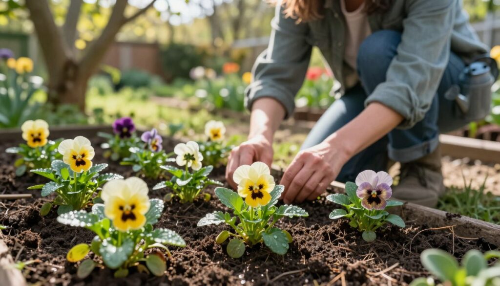 A serene garden scene focused on young pansy seedlings in various stages of growth. In the foreground, vibrant green seedlings with delicate, colorful flowers are nestled in rich, dark soil, their leaves glistening with morning dew. The middle ground features a gardener in modest casual clothing, gently tending to the plants, equipped with a small watering can, showcasing the nurturing process. The background shows a peaceful garden filled with trees and blurred blooms, framed by soft, natural sunlight filtering through the leaves, creating dappled shadows on the ground. The composition emphasizes care and growth, with a warm, inviting atmosphere that highlights the importance of nurturing young plants for flourishing blooms. A serene garden scene focused on young pansy seedlings in various stages of growth. In the foreground, vibrant green seedlings with delicate, colorful flowers are nestled in rich, dark soil, their leaves glistening with morning dew. The middle ground features a gardener in modest casual clothing, gently tending to the plants, equipped with a small watering can, showcasing the nurturing process. The background shows a peaceful garden filled with trees and blurred blooms, framed by soft, natural sunlight filtering through the leaves, creating dappled shadows on the ground. The composition emphasizes care and growth, with a warm, inviting atmosphere that highlights the importance of nurturing young plants for flourishing blooms.