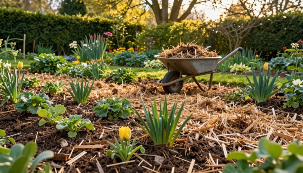 A serene garden scene focusing on wood shavings, or "trociny," spread across a rich, fertile patch of soil. In the foreground, vibrant green plants and budding flowers thrive, visibly growing among and through the organic mulch. The middle ground features a small wheelbarrow filled with freshly collected trociny, hinting at their recent application as mulch. The background showcases lush hedges and tall trees bathed in warm, golden sunlight, creating a peaceful and nurturing atmosphere. Soft shadows fall over various textures, emphasizing the natural beauty of the garden. The image captures a sense of tranquility and the practical application of wood shavings as a natural fertilizer and mulch, inviting viewers to appreciate the garden's health and vibrancy. A serene garden scene focusing on wood shavings, or "trociny," spread across a rich, fertile patch of soil. In the foreground, vibrant green plants and budding flowers thrive, visibly growing among and through the organic mulch. The middle ground features a small wheelbarrow filled with freshly collected trociny, hinting at their recent application as mulch. The background showcases lush hedges and tall trees bathed in warm, golden sunlight, creating a peaceful and nurturing atmosphere. Soft shadows fall over various textures, emphasizing the natural beauty of the garden. The image captures a sense of tranquility and the practical application of wood shavings as a natural fertilizer and mulch, inviting viewers to appreciate the garden's health and vibrancy.