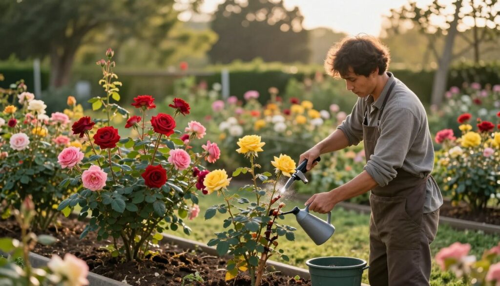 A serene garden scene illustrating the meticulous care of grafted rose bushes after the grafting procedure. In the foreground, a skilled gardener in modest casual clothing gently tends to a newly grafted rose, focusing on watering and pruning with precision. The middle ground features lush, vibrant rose bushes with fresh blooms in various shades of red, pink, and yellow, showcasing the results of successful grafting. The background displays a softly blurred garden landscape with other flowering plants, enhancing the sense of a thriving garden. The lighting is warm and inviting, simulating late afternoon sunlight filtering through leafy trees, creating a peaceful and nurturing atmosphere. Capture the essence of growth, care, and patience in this visually striking composition. A serene garden scene illustrating the meticulous care of grafted rose bushes after the grafting procedure. In the foreground, a skilled gardener in modest casual clothing gently tends to a newly grafted rose, focusing on watering and pruning with precision. The middle ground features lush, vibrant rose bushes with fresh blooms in various shades of red, pink, and yellow, showcasing the results of successful grafting. The background displays a softly blurred garden landscape with other flowering plants, enhancing the sense of a thriving garden. The lighting is warm and inviting, simulating late afternoon sunlight filtering through leafy trees, creating a peaceful and nurturing atmosphere. Capture the essence of growth, care, and patience in this visually striking composition.