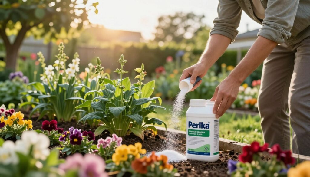 A serene garden scene illustrating the safe application of fertilizer, specifically Perlka. In the foreground, a gardener clad in modest casual clothing is carefully spreading the granules of fertilizer around vibrant flower beds filled with blooming petals of various colors. In the middle ground, lush green plants thrive in well-maintained soil, showcasing healthy leaves and blossoms, emphasizing the benefits of using Perlka. In the background, a sunlit sky highlights the tranquility of the scene, with soft, golden sunlight filtering through the tree leaves, casting gentle shadows. The atmosphere conveys a sense of harmony and care for nature, promoting responsible gardening practices while ensuring a rich, verdant environment. Use a soft-focus lens effect to enhance the inviting mood of the garden.