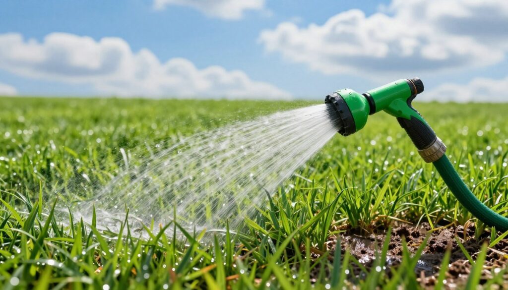 A serene garden scene showcasing a newly fertilized lawn being gently watered. In the foreground, a shiny green hose with a spray nozzle is aiming water onto the vibrant grass, glistening with droplets. The middle layer features a rich, freshly fertilized lawn, lush and healthy, with deep green blades contrasting against the earthy brown fertilizer scattered evenly across the surface. In the background, a bright blue sky fills the scene, with soft, fluffy clouds drifting lazily, and silver sunlight streaming down, creating a warm and inviting atmosphere. The lens captures a slightly elevated angle, focusing on the hose and grass, highlighting the importance of watering post-fertilization in maintaining a healthy lawn. The mood is calm and nurturing, symbolizing growth and vitality. A serene garden scene showcasing a newly fertilized lawn being gently watered. In the foreground, a shiny green hose with a spray nozzle is aiming water onto the vibrant grass, glistening with droplets. The middle layer features a rich, freshly fertilized lawn, lush and healthy, with deep green blades contrasting against the earthy brown fertilizer scattered evenly across the surface. In the background, a bright blue sky fills the scene, with soft, fluffy clouds drifting lazily, and silver sunlight streaming down, creating a warm and inviting atmosphere. The lens captures a slightly elevated angle, focusing on the hose and grass, highlighting the importance of watering post-fertilization in maintaining a healthy lawn. The mood is calm and nurturing, symbolizing growth and vitality.