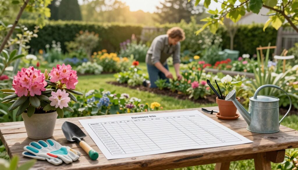 A serene garden scene showcasing an organized garden work schedule (harmonogram) laid out on a rustic wooden table. In the foreground, vibrant flowers, including blooming rhododendrons in full color, are neatly arranged. To the side, gardening tools such as trowels, gloves, and watering cans are artistically placed to suggest ongoing work. In the middle ground, a gardener dressed in modest casual attire carefully tends to the plants, absorbed in their task. The background features a lush, green landscape with trees and shrubs, kissed by soft, warm sunlight filtering through the leaves, creating a tranquil and productive atmosphere. The overall mood is serene and inviting, perfect for depicting gardening activities and planning. A serene garden scene showcasing an organized garden work schedule (harmonogram) laid out on a rustic wooden table. In the foreground, vibrant flowers, including blooming rhododendrons in full color, are neatly arranged. To the side, gardening tools such as trowels, gloves, and watering cans are artistically placed to suggest ongoing work. In the middle ground, a gardener dressed in modest casual attire carefully tends to the plants, absorbed in their task. The background features a lush, green landscape with trees and shrubs, kissed by soft, warm sunlight filtering through the leaves, creating a tranquil and productive atmosphere. The overall mood is serene and inviting, perfect for depicting gardening activities and planning.