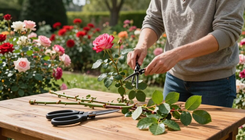 A serene garden scene showcasing techniques for cutting rose leaves and stems. In the foreground, a pair of professional gardening scissors rests on a wooden table, surrounded by vibrant, freshly cut rose stems with lush green leaves. The middle ground features a gardener, dressed in modest casual attire, carefully trimming a rose bush, focusing on the healthy blooms and leaves. The background is filled with a colorful array of blooming roses, creating a rich tapestry of reds, pinks, and whites, under soft, natural sunlight filtering through trees, casting gentle shadows. The atmosphere is peaceful and focused, capturing the essence of nurturing plant care and the beauty of a well-tended garden.