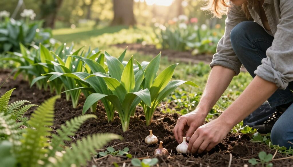A serene garden scene showcasing the cultivation of wild garlic (Allium ursinum) bulbs. In the foreground, a gardener in modest casual clothing kneels, carefully planting the garlic bulbs in rich, dark soil, surrounded by lively green ferns. The middle ground features a small patch of wild garlic seedlings, their broad, vibrant leaves unfurling, catching the soft morning light. In the background, a gentle slope is dotted with dappled sunlight filtering through trees, creating a peaceful, natural atmosphere. The image captures a warm, inviting mood, suggesting a moment of nurturing and growth, with slightly blurred edges to draw attention to the planting action in the foreground. Use soft, natural lighting to enhance the serene setting, creating a feeling of freshness and vitality in the garden. A serene garden scene showcasing the cultivation of wild garlic (Allium ursinum) bulbs. In the foreground, a gardener in modest casual clothing kneels, carefully planting the garlic bulbs in rich, dark soil, surrounded by lively green ferns. The middle ground features a small patch of wild garlic seedlings, their broad, vibrant leaves unfurling, catching the soft morning light. In the background, a gentle slope is dotted with dappled sunlight filtering through trees, creating a peaceful, natural atmosphere. The image captures a warm, inviting mood, suggesting a moment of nurturing and growth, with slightly blurred edges to draw attention to the planting action in the foreground. Use soft, natural lighting to enhance the serene setting, creating a feeling of freshness and vitality in the garden.