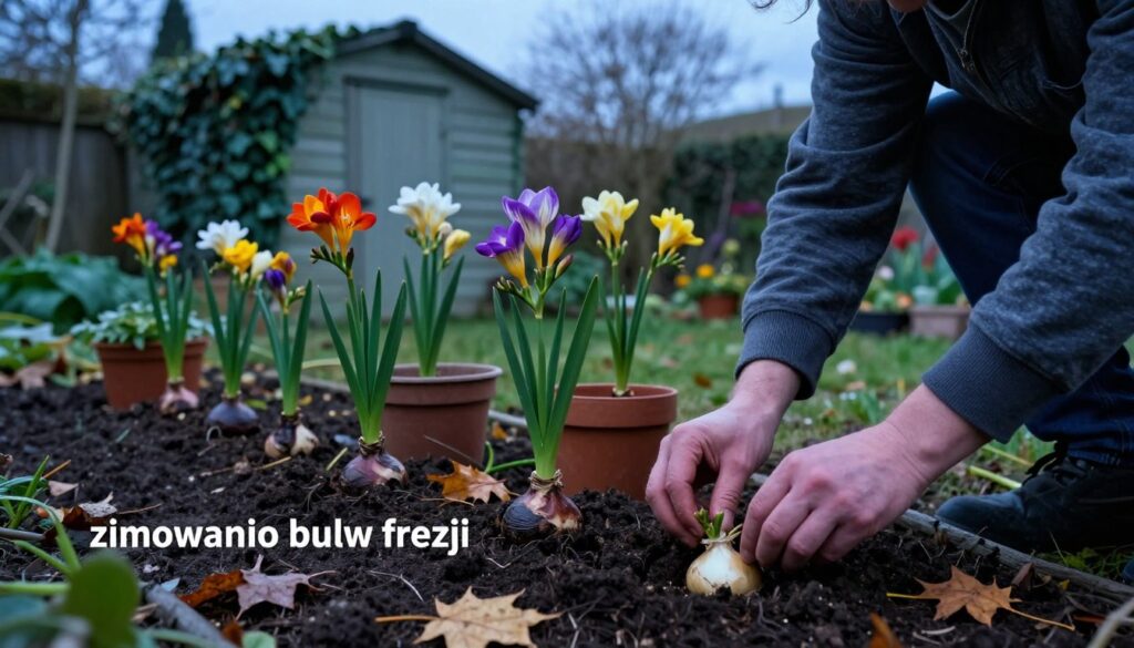 A serene garden scene showcasing the process of "zimowanie bulw frezji" or the wintering of freesia bulbs. In the foreground, a gardener, dressed in modest casual clothing, gently places freesia bulbs into a bed of rich, dark soil, surrounded by autumn leaves. The middle ground features an array of potted freesia depicting vibrant blooms fading into winter hues, providing context about the seasonal transition. The background contains a softly lit garden shed, partially covered in ivy, under a cool, overcast sky that casts a calm blue light across the scene. The overall mood is tranquil and reflective, emphasizing care and preparation for the cold months ahead, capturing the essence of nurturing plants even in dormancy. A serene garden scene showcasing the process of "zimowanie bulw frezji" or the wintering of freesia bulbs. In the foreground, a gardener, dressed in modest casual clothing, gently places freesia bulbs into a bed of rich, dark soil, surrounded by autumn leaves. The middle ground features an array of potted freesia depicting vibrant blooms fading into winter hues, providing context about the seasonal transition. The background contains a softly lit garden shed, partially covered in ivy, under a cool, overcast sky that casts a calm blue light across the scene. The overall mood is tranquil and reflective, emphasizing care and preparation for the cold months ahead, capturing the essence of nurturing plants even in dormancy.