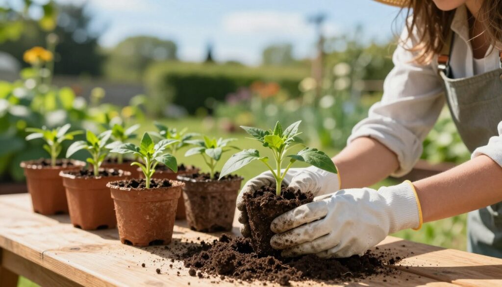 A serene gardening scene depicting the process of potting echinacea seedlings. In the foreground, a gardener gently handles each small seedling, showcasing their vibrant green leaves, while carefully placing them into individual pots filled with rich, dark soil. The gardener is wearing light, casual gardening attire, with sun gloves and a straw hat, emphasizing a relaxed yet professional atmosphere. In the middle ground, several pots are arranged neatly on a wooden table, some seedlings already sprouting. In the background, a sunny garden filled with lush plants and a clear blue sky creates a warm, inviting ambiance. Soft, natural sunlight illuminates the scene, casting gentle shadows and highlighting the textures of the soil and the seedlings, evoking a sense of growth and nurturing care. A serene gardening scene depicting the process of potting echinacea seedlings. In the foreground, a gardener gently handles each small seedling, showcasing their vibrant green leaves, while carefully placing them into individual pots filled with rich, dark soil. The gardener is wearing light, casual gardening attire, with sun gloves and a straw hat, emphasizing a relaxed yet professional atmosphere. In the middle ground, several pots are arranged neatly on a wooden table, some seedlings already sprouting. In the background, a sunny garden filled with lush plants and a clear blue sky creates a warm, inviting ambiance. Soft, natural sunlight illuminates the scene, casting gentle shadows and highlighting the textures of the soil and the seedlings, evoking a sense of growth and nurturing care.