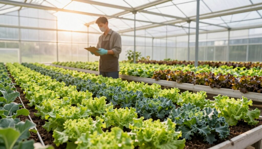 A serene greenhouse interior filled with vibrant, lush crops thriving under transparent covers. In the foreground, rows of green leafy vegetables like lettuce and kale are carefully arranged in neat beds, showcasing rich soil and irrigation systems. In the middle ground, a farmer in modest casual clothing inspects the plants, holding a clipboard and wearing gloves, emphasizing the care involved in greenhouse cultivation. The background features sunlight streaming through the glass panels, creating a warm, inviting glow that highlights the colors of the plants. The overall atmosphere is one of productivity and growth, with a focus on innovative farming methods designed to enhance yield. The scene captures the essence of controlled farming environments, emphasizing efficiency and sustainability. A serene greenhouse interior filled with vibrant, lush crops thriving under transparent covers. In the foreground, rows of green leafy vegetables like lettuce and kale are carefully arranged in neat beds, showcasing rich soil and irrigation systems. In the middle ground, a farmer in modest casual clothing inspects the plants, holding a clipboard and wearing gloves, emphasizing the care involved in greenhouse cultivation. The background features sunlight streaming through the glass panels, creating a warm, inviting glow that highlights the colors of the plants. The overall atmosphere is one of productivity and growth, with a focus on innovative farming methods designed to enhance yield. The scene captures the essence of controlled farming environments, emphasizing efficiency and sustainability.