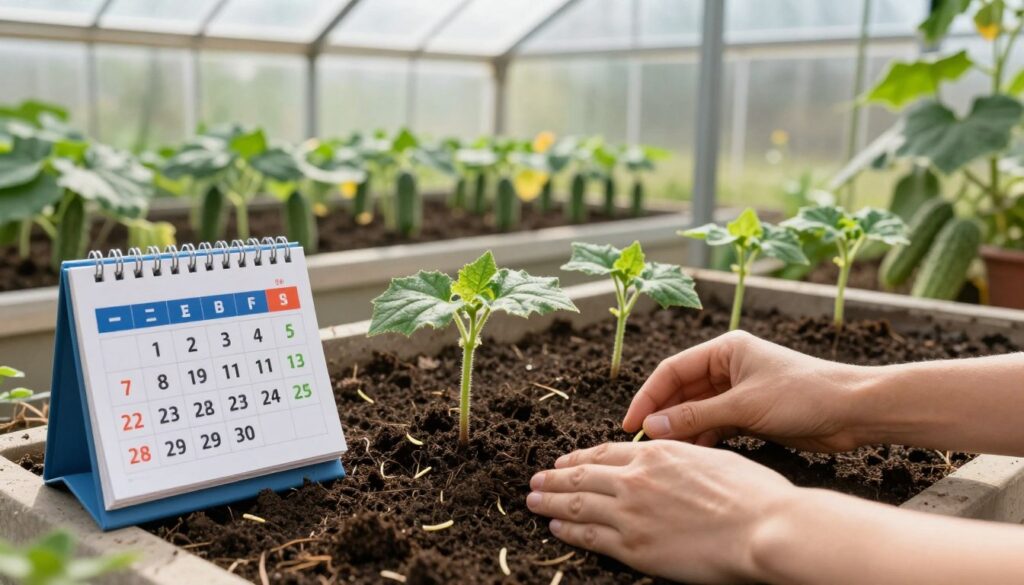A serene home gardening scene depicting the optimal timing for planting cucumbers. In the foreground, a pair of hands gently sow cucumber seeds into rich, dark soil inside a cozy indoor planter. On one side, a small calendar marks the ideal sowing dates with bright colors, symbolizing growth and timing. The middle ground features seedlings emerging from their pots, showcasing healthy, vibrant green leaves. In the background, a greenhouse tunnel glistens in soft, natural light, with sunlight streaming through its transparent panels, illuminating rows of delicious cucumbers ready to flourish. The atmosphere is warm and inviting, evoking a sense of growth and nurturing in a home garden setting, perfect for novice gardeners. A serene home gardening scene depicting the optimal timing for planting cucumbers. In the foreground, a pair of hands gently sow cucumber seeds into rich, dark soil inside a cozy indoor planter. On one side, a small calendar marks the ideal sowing dates with bright colors, symbolizing growth and timing. The middle ground features seedlings emerging from their pots, showcasing healthy, vibrant green leaves. In the background, a greenhouse tunnel glistens in soft, natural light, with sunlight streaming through its transparent panels, illuminating rows of delicious cucumbers ready to flourish. The atmosphere is warm and inviting, evoking a sense of growth and nurturing in a home garden setting, perfect for novice gardeners.
