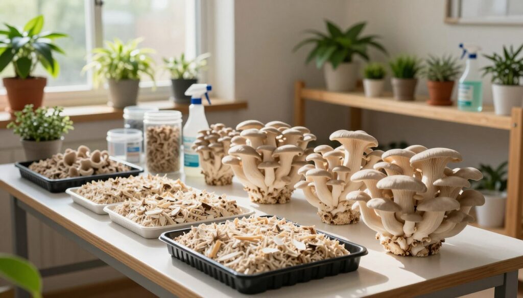 A serene indoor mushroom cultivation setup for oyster mushrooms. In the foreground, showcase a neatly arranged workbench with trays filled with substrate and healthy, growing oyster mushrooms, displaying their distinct fan-shaped caps. In the middle ground, include a wooden shelf stocked with cultivation supplies: sterilized jars, spray bottles, and small potted plants for ambiance. The background features a well-lit space with natural sunlight streaming through large windows, enhancing the growth atmosphere. Use warm, soft lighting to create a cozy and inviting environment. The angle should be slightly elevated, providing a clear view of the setup while capturing the lush green of the plants. Overall, evoke a sense of optimism and growth in mushroom cultivation. A serene indoor mushroom cultivation setup for oyster mushrooms. In the foreground, showcase a neatly arranged workbench with trays filled with substrate and healthy, growing oyster mushrooms, displaying their distinct fan-shaped caps. In the middle ground, include a wooden shelf stocked with cultivation supplies: sterilized jars, spray bottles, and small potted plants for ambiance. The background features a well-lit space with natural sunlight streaming through large windows, enhancing the growth atmosphere. Use warm, soft lighting to create a cozy and inviting environment. The angle should be slightly elevated, providing a clear view of the setup while capturing the lush green of the plants. Overall, evoke a sense of optimism and growth in mushroom cultivation.