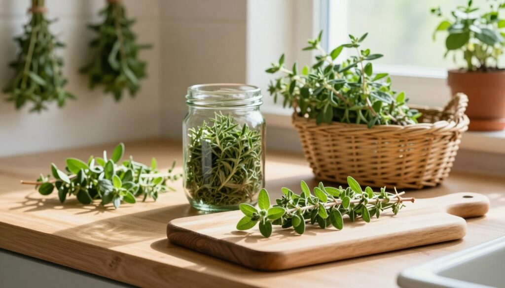 A serene kitchen countertop adorned with freshly harvested marjoram sprigs. In the foreground, a small wooden cutting board holds a handful of marjoram ready for drying, showcasing its vibrant green leaves. In the middle ground, a rustic glass jar partially filled with dried marjoram sits next to a simple wicker basket containing more fresh herbs. Soft, natural light streams in from a nearby window, casting gentle shadows and highlighting the textures of the herbs and wooden surfaces. The background features blurred kitchen elements, like herbs hanging in bundles and a potted marjoram plant thriving in a clay pot, creating a warm, inviting atmosphere that emphasizes the joy of preserving home-grown herbs. A serene kitchen countertop adorned with freshly harvested marjoram sprigs. In the foreground, a small wooden cutting board holds a handful of marjoram ready for drying, showcasing its vibrant green leaves. In the middle ground, a rustic glass jar partially filled with dried marjoram sits next to a simple wicker basket containing more fresh herbs. Soft, natural light streams in from a nearby window, casting gentle shadows and highlighting the textures of the herbs and wooden surfaces. The background features blurred kitchen elements, like herbs hanging in bundles and a potted marjoram plant thriving in a clay pot, creating a warm, inviting atmosphere that emphasizes the joy of preserving home-grown herbs.