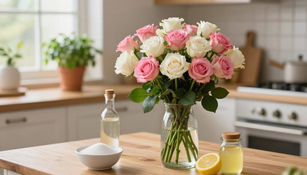 A serene kitchen scene showcasing a beautiful arrangement of fresh cut roses in a clear glass vase, surrounded by various home remedies to prolong their freshness. In the foreground, a wooden table features a bowl of sugar, a bottle of vinegar, and a small jar of lemon juice, symbolizing natural preservation techniques. In the middle ground, the vibrant bouquet of roses blooms in shades of pink and white, their petals glistening under soft, warm lighting from a window. The background captures a cozy kitchen with potted herbs, adding a touch of greenery and freshness. The overall mood is inviting and homey, emphasizing the beauty of maintaining flowers through simple, effective methods. The perspective is slightly angled to give depth, focusing on the bouquet and remedies. A serene kitchen scene showcasing a beautiful arrangement of fresh cut roses in a clear glass vase, surrounded by various home remedies to prolong their freshness. In the foreground, a wooden table features a bowl of sugar, a bottle of vinegar, and a small jar of lemon juice, symbolizing natural preservation techniques. In the middle ground, the vibrant bouquet of roses blooms in shades of pink and white, their petals glistening under soft, warm lighting from a window. The background captures a cozy kitchen with potted herbs, adding a touch of greenery and freshness. The overall mood is inviting and homey, emphasizing the beauty of maintaining flowers through simple, effective methods. The perspective is slightly angled to give depth, focusing on the bouquet and remedies.
