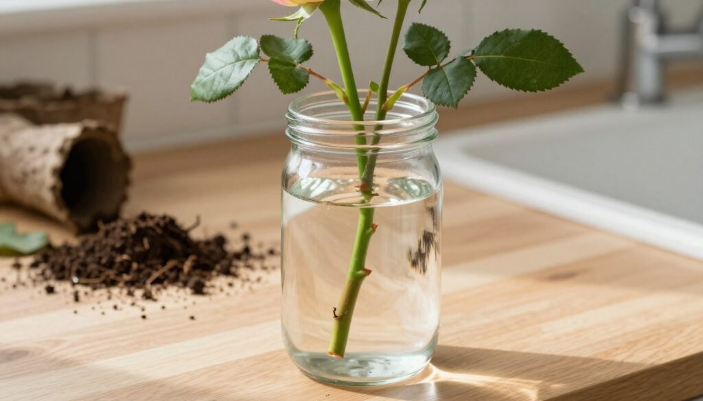 A serene kitchen setting bathed in soft, natural light, showcasing a clear glass jar filled with water, where a vibrant rose cutting is placed, its green stem submerged and delicate leaves gracefully floating. In the background, a wooden countertop adorned with fresh soil and gardening supplies hints at preparation for rooting in soil. Gentle reflections dance on the water's surface, enhancing the tranquil atmosphere. The image captures the stems’ play of light and shadow, evoking a peaceful, nurturing environment. Include a close-up focus on the rose cutting, revealing intricate details of petals and leaves. Ensure that the scene conveys a sense of growth and potential, inviting viewers into the world of plant propagation.