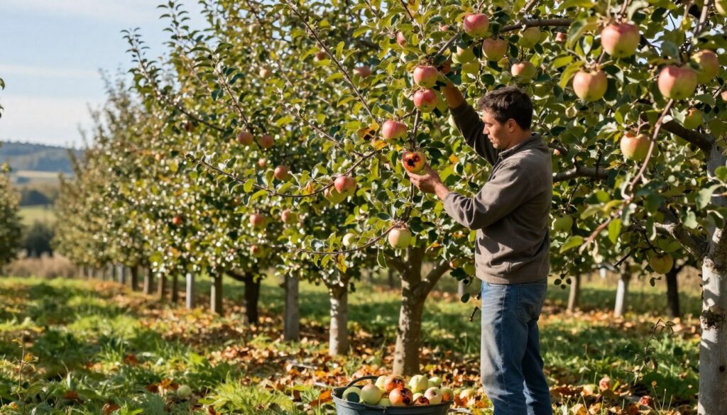 A serene orchard scene in early autumn, focusing on a diligent farmer wearing modest casual clothing, carefully inspecting and removing diseased apples from trees. In the foreground, fresh, healthy apples hang from branches, contrasting with a few visibly rotten apples on the ground, illustrating the process of maintaining orchard health. The middle ground features lush green foliage and rows of sturdy apple trees, while the background shows a soft, blurred landscape of distant hills under a clear blue sky. Natural sunlight filters through the leaves, creating a warm, inviting atmosphere. The image should evoke a sense of care and responsibility towards fruit cultivation, portraying the importance of proactive measures in pest control and disease management. A serene orchard scene in early autumn, focusing on a diligent farmer wearing modest casual clothing, carefully inspecting and removing diseased apples from trees. In the foreground, fresh, healthy apples hang from branches, contrasting with a few visibly rotten apples on the ground, illustrating the process of maintaining orchard health. The middle ground features lush green foliage and rows of sturdy apple trees, while the background shows a soft, blurred landscape of distant hills under a clear blue sky. Natural sunlight filters through the leaves, creating a warm, inviting atmosphere. The image should evoke a sense of care and responsibility towards fruit cultivation, portraying the importance of proactive measures in pest control and disease management.