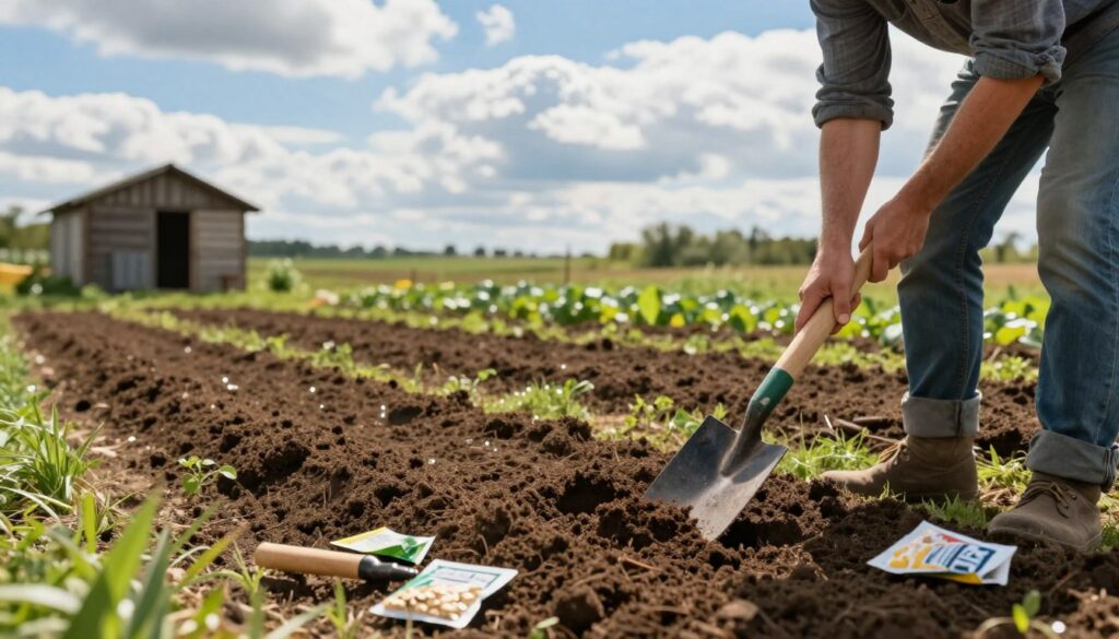 A serene scene of soil preparation for gardening, showcasing a lush, fertile landscape. In the foreground, a gardener in modest casual clothing is using a hand trowel to aerate the rich brown soil, surrounded by small tools and seed packets. In the middle ground, rows of freshly turned earth are visible, glistening slightly from recent watering. The background features a bright blue sky with fluffy white clouds and a distant view of a rustic wooden shed. Soft, warm sunlight casts gentle shadows, creating a tranquil and inviting atmosphere that conveys the joy of nurturing future crops. The overall mood is peaceful and productive, emphasizing a harmonious connection with nature.
