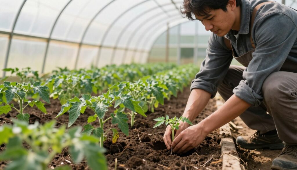 A serene view of a greenhouse tunnel filled with vibrant green tomato plants being planted by a gardener dressed in professional work attire. In the foreground, the gardener, gently planting seedlings into rich, dark soil, shows a caring expression. The middle ground features rows of healthy tomato seedlings, their bright green leaves glistening in soft natural light. The background reveals the transparent plastic covering of the tunnel, allowing sunlight to filter through, creating a warm and inviting atmosphere. The scene captures the process of planting tomatoes step by step, emphasizing care and precision, with a focus on growth and productivity. Use soft, diffused lighting to enhance the sense of tranquility and nurturing. A serene view of a greenhouse tunnel filled with vibrant green tomato plants being planted by a gardener dressed in professional work attire. In the foreground, the gardener, gently planting seedlings into rich, dark soil, shows a caring expression. The middle ground features rows of healthy tomato seedlings, their bright green leaves glistening in soft natural light. The background reveals the transparent plastic covering of the tunnel, allowing sunlight to filter through, creating a warm and inviting atmosphere. The scene captures the process of planting tomatoes step by step, emphasizing care and precision, with a focus on growth and productivity. Use soft, diffused lighting to enhance the sense of tranquility and nurturing.