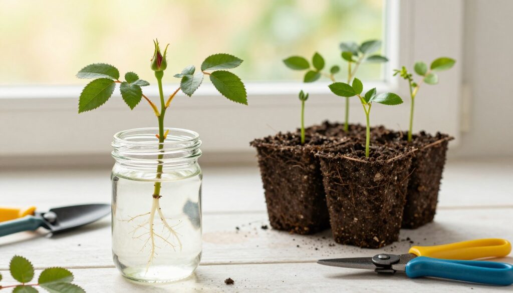 A serene, well-lit indoor gardening scene featuring two methods of propagating rose cuttings: one in a clear glass jar filled with water, showcasing healthy roots forming, and another pot with rich, dark soil, where small rose shoots are comfortably nestled. In the foreground, focus on the water jar with delicate cuttings, highlighting their vibrant green leaves and the intricate detail of roots in the water. In the middle, display the soil pot with tiny rose plants sprouting, surrounded by gardening tools like a small trowel and pruning shears. The background should fade softly with hints of a sunny window, conveying warmth and a peaceful atmosphere. The lighting should be bright and natural, emphasizing the freshness of the plants, with a slight soft focus to create an inviting mood. A serene, well-lit indoor gardening scene featuring two methods of propagating rose cuttings: one in a clear glass jar filled with water, showcasing healthy roots forming, and another pot with rich, dark soil, where small rose shoots are comfortably nestled. In the foreground, focus on the water jar with delicate cuttings, highlighting their vibrant green leaves and the intricate detail of roots in the water. In the middle, display the soil pot with tiny rose plants sprouting, surrounded by gardening tools like a small trowel and pruning shears. The background should fade softly with hints of a sunny window, conveying warmth and a peaceful atmosphere. The lighting should be bright and natural, emphasizing the freshness of the plants, with a slight soft focus to create an inviting mood.