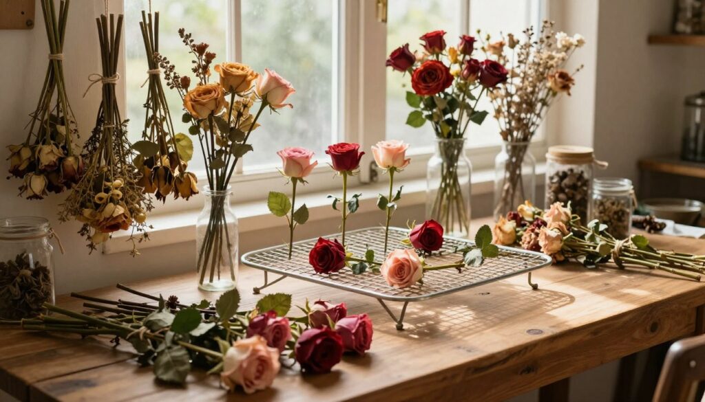 A serene workshop setting dedicated to traditional and spatial flower drying techniques. In the foreground, a wooden table displays freshly cut roses arranged for drying, some hanging upside down in bundles tied with twine. In the middle, a vintage drying rack holds several roses, elegantly spaced apart to allow airflow, surrounded by various dried floral arrangements, showcasing their colors and textures. The background features soft, natural light streaming through a large window, illuminating the scene and casting gentle shadows. The atmosphere is warm and nostalgic, evoking a sense of craftsmanship and the beauty of preserving nature. A hint of rustic decor, like jars and dried herbs, enhances the aesthetic without detracting from the central focus on the roses.