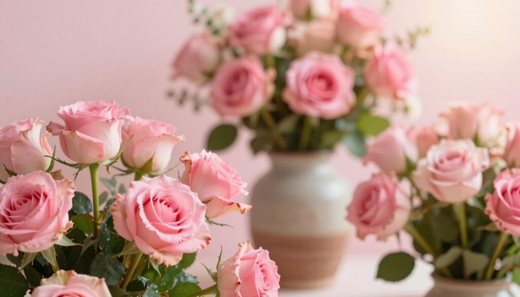 A stunning arrangement of vibrant pink roses in various shades, showcasing their delicate petals and lush greenery. The foreground features a close-up of the roses, highlighting the intricate details and textures, with dewdrops glistening on the petals. In the middle ground, a softly blurred vase made of rustic ceramic stands, filled with these beautiful blooms, indicating a modern floral design. The background is an elegantly soft pastel color, creating a dreamy and romantic atmosphere. The lighting is warm and inviting, simulating a gentle afternoon sunlight that enhances the colors and gives depth to the image. The overall mood reflects the joy and beauty of contemporary floral trends, perfect for a romantic occasion. A stunning arrangement of vibrant pink roses in various shades, showcasing their delicate petals and lush greenery. The foreground features a close-up of the roses, highlighting the intricate details and textures, with dewdrops glistening on the petals. In the middle ground, a softly blurred vase made of rustic ceramic stands, filled with these beautiful blooms, indicating a modern floral design. The background is an elegantly soft pastel color, creating a dreamy and romantic atmosphere. The lighting is warm and inviting, simulating a gentle afternoon sunlight that enhances the colors and gives depth to the image. The overall mood reflects the joy and beauty of contemporary floral trends, perfect for a romantic occasion.