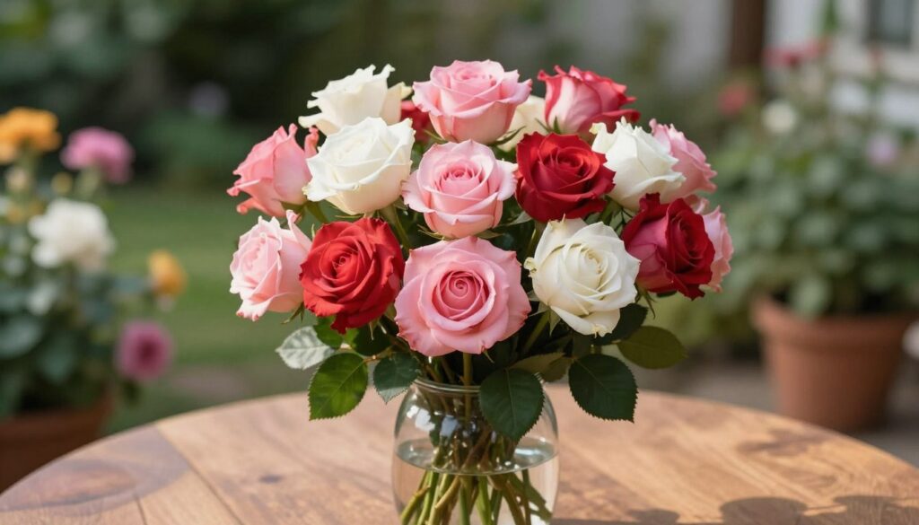 A stunning arrangement of vibrant roses in a clear glass vase, elegantly positioned on a wooden table. The bouquet features various shades of pink, red, and white roses, with fresh green leaves peeking through. The lighting is soft and warm, casting gentle shadows and highlights that enhance the petals' textures. In the background, a softly blurred garden scene is visible, with the gentle bokeh of green foliage and colorful flowers, creating a serene atmosphere. The composition is shot from a slightly elevated angle, allowing for a captivating view of the delicate roses, symbolizing beauty and care. The overall mood is tranquil and inviting, perfect for showcasing the longevity and allure of roses in a vase. A stunning arrangement of vibrant roses in a clear glass vase, elegantly positioned on a wooden table. The bouquet features various shades of pink, red, and white roses, with fresh green leaves peeking through. The lighting is soft and warm, casting gentle shadows and highlights that enhance the petals' textures. In the background, a softly blurred garden scene is visible, with the gentle bokeh of green foliage and colorful flowers, creating a serene atmosphere. The composition is shot from a slightly elevated angle, allowing for a captivating view of the delicate roses, symbolizing beauty and care. The overall mood is tranquil and inviting, perfect for showcasing the longevity and allure of roses in a vase.