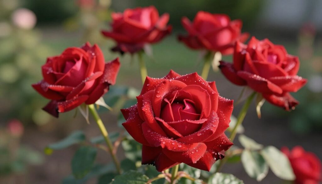 A stunning close-up of vibrant red roses in full bloom, with delicate petals displaying a fine dewdrop sheen. The foreground features a single perfect rose, its intricate layers highlighted in soft morning light, while several other roses in varying stages of bloom create depth in the middle ground. The background consists of a soft-focus garden setting, blurred slightly to emphasize the beauty of the roses. Natural light filters through, casting gentle shadows and highlighting the velvety texture of the petals. The overall mood is serene and romantic, evoking a sense of value and appreciation for these exquisite flowers.
