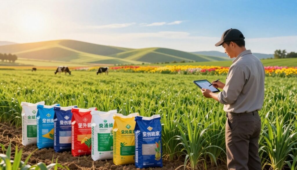 A vibrant agricultural landscape at sunrise, showcasing a farmer in professional attire inspecting lush green fields of crops, symbolizing the importance of fertilizer subsidies. In the foreground, an array of colorful fertilizer bags is neatly arranged, highlighting various types available for use. The farmer is holding a tablet, analyzing crop data while surrounded by fertile soil and vibrant plant life. In the middle ground, rolling hills dotted with grazing livestock and patches of colorful wildflowers create a sense of abundance. The background features a clear blue sky with soft, warm sunlight filtering through, casting gentle shadows and creating a hopeful, dynamic atmosphere. The focus is on sustainable farming practices and the essential role of subsidies in enhancing agricultural productivity.