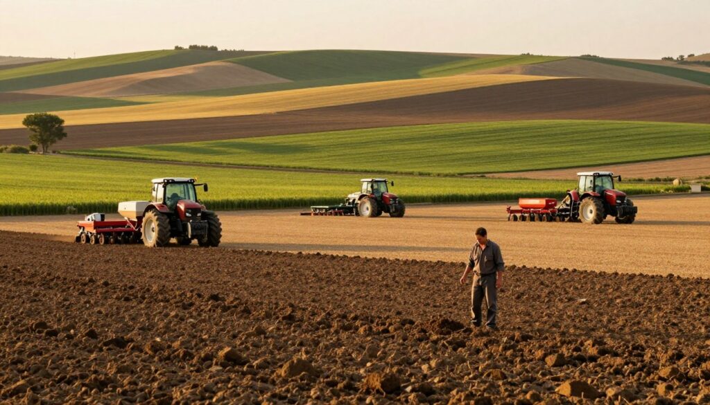 A vibrant agricultural landscape during the golden hour, showcasing a variety of fields prepared for grain sowing. In the foreground, a farmer dressed in modest work attire examines soil quality, symbolizing the regional diversity in agricultural services. In the middle ground, a diverse array of machinery can be seen, including tractors and seeders, actively working on different plots. The background features rolling hills with contrasting colors of different types of crops reflecting the region's agricultural richness. Soft, warm lighting casts long shadows and highlights the textures of the soil and crops, creating an inviting atmosphere. The overall mood conveys the professionalism and dedication of the agricultural sector while illustrating the regional aspects of service rates. A vibrant agricultural landscape during the golden hour, showcasing a variety of fields prepared for grain sowing. In the foreground, a farmer dressed in modest work attire examines soil quality, symbolizing the regional diversity in agricultural services. In the middle ground, a diverse array of machinery can be seen, including tractors and seeders, actively working on different plots. The background features rolling hills with contrasting colors of different types of crops reflecting the region's agricultural richness. Soft, warm lighting casts long shadows and highlights the textures of the soil and crops, creating an inviting atmosphere. The overall mood conveys the professionalism and dedication of the agricultural sector while illustrating the regional aspects of service rates.