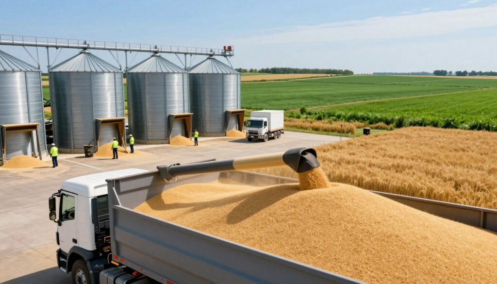 A vibrant agricultural landscape showcasing the logistics of grain transportation. In the foreground, include a large, modern grain truck loaded with golden wheat, symbolizing the process of transporting crops. In the middle ground, depict a busy loading dock with workers in professional attire overseeing the transfer of grain into storage silos, emphasizing the importance of logistics. In the background, show a panoramic view of lush green fields and a clear blue sky, creating an atmosphere of prosperity in farming. Soft, natural lighting enhances the warm colors of the wheat and greens of the fields. Utilize a slightly elevated angle to capture the scope of the operation and the interconnectedness of farming and transportation within agriculture. A vibrant agricultural landscape showcasing the logistics of grain transportation. In the foreground, include a large, modern grain truck loaded with golden wheat, symbolizing the process of transporting crops. In the middle ground, depict a busy loading dock with workers in professional attire overseeing the transfer of grain into storage silos, emphasizing the importance of logistics. In the background, show a panoramic view of lush green fields and a clear blue sky, creating an atmosphere of prosperity in farming. Soft, natural lighting enhances the warm colors of the wheat and greens of the fields. Utilize a slightly elevated angle to capture the scope of the operation and the interconnectedness of farming and transportation within agriculture.