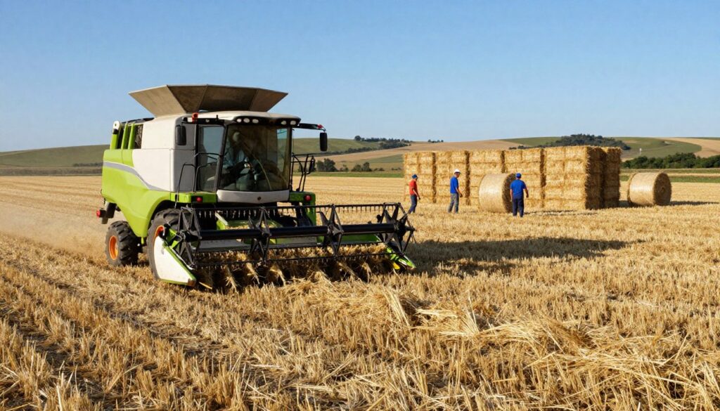 A vibrant agricultural scene capturing the optimization of straw harvesting in a large farm setting. In the foreground, a modern combine harvester efficiently gathers straw, with bright sunlight reflecting off its metallic surface. The middle ground features bales of neatly stacked straw, showcasing standard dimensions, and farm workers in professional attire supervising the process, contributing to a sense of teamwork and industry. The background displays vast fields under a clear blue sky and gentle rolling hills, emphasizing the scale of the operation. Use natural lighting to create a warm atmosphere, and a wide-angle perspective to convey depth and the impressive scale of the farming activity. A vibrant agricultural scene capturing the optimization of straw harvesting in a large farm setting. In the foreground, a modern combine harvester efficiently gathers straw, with bright sunlight reflecting off its metallic surface. The middle ground features bales of neatly stacked straw, showcasing standard dimensions, and farm workers in professional attire supervising the process, contributing to a sense of teamwork and industry. The background displays vast fields under a clear blue sky and gentle rolling hills, emphasizing the scale of the operation. Use natural lighting to create a warm atmosphere, and a wide-angle perspective to convey depth and the impressive scale of the farming activity.