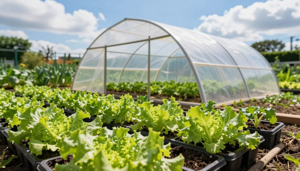 A vibrant agricultural scene depicting a greenhouse with a clear plastic tunnel (tunelu foliowym) covering rows of lettuce seedlings. In the foreground, beautifully arranged seed trays with healthy lettuce plants, showcasing their bright green leaves. The middle ground features the transparent tunnel, allowing sunlight to filter through, emphasizing the warm, nurturing environment inside. In the background, a lush garden with various plants under a bright blue sky with fluffy white clouds, portraying an ideal growing atmosphere. Soft, natural lighting enhances the freshness and vitality of the scene, evoking a sense of growth and promise. The perspective is slightly elevated to capture the entire setup, emphasizing the importance of this sowing method for early and healthy crop yield. A vibrant agricultural scene depicting a greenhouse with a clear plastic tunnel (tunelu foliowym) covering rows of lettuce seedlings. In the foreground, beautifully arranged seed trays with healthy lettuce plants, showcasing their bright green leaves. The middle ground features the transparent tunnel, allowing sunlight to filter through, emphasizing the warm, nurturing environment inside. In the background, a lush garden with various plants under a bright blue sky with fluffy white clouds, portraying an ideal growing atmosphere. Soft, natural lighting enhances the freshness and vitality of the scene, evoking a sense of growth and promise. The perspective is slightly elevated to capture the entire setup, emphasizing the importance of this sowing method for early and healthy crop yield.