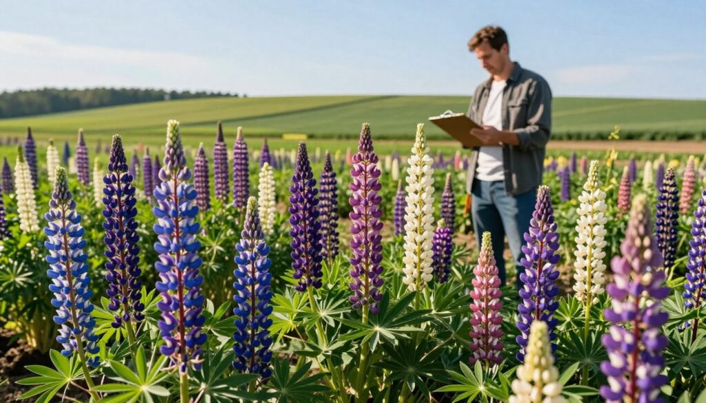 A vibrant agricultural scene depicting multiple variants of lupine plants in a lush field setting. In the foreground, detail the distinctive flowers and foliage of various lupine species, showcasing their colorful blooms—ranging from deep blues to bright purples and whites. The middle ground features a farmer inspecting the plants on a sunny day, dressed in casual yet professional attire, with a clipboard in hand. In the background, a gently rolling landscape with green fields under a clear blue sky enhances the atmosphere. Soft sunlight casts warm, inviting shadows, suggesting the ideal growth conditions. The overall mood is one of productivity and care in crop management, encapsulating the essence of selecting varieties for soil enhancement.
