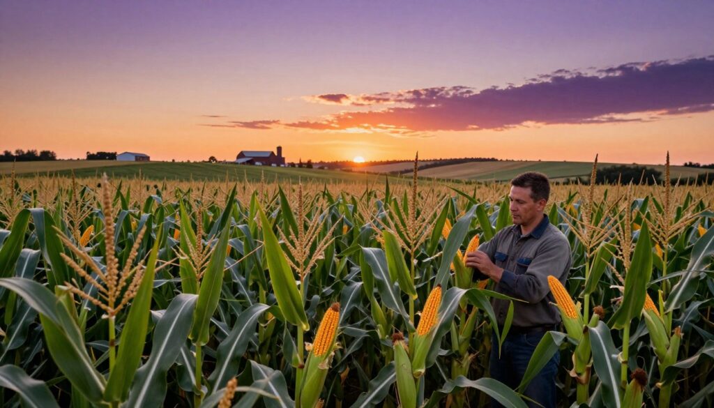 A vibrant agricultural scene showcasing a lush cornfield at sunset, the foreground features plentiful tall green corn stalks swaying gently in the breeze, with golden cobs peeking through the leaves. The middle ground captures a farmer, dressed in professional work attire, examining the corn plants with a thoughtful expression. In the background, rolling hills dotted with distant barns and silos stretch under a colorful sky, transitioning from warm oranges to deep purples as the sun sets. The atmosphere conveys a sense of tranquility and richness in agricultural life, with soft, warm lighting emphasizing the corn's golden hues. Use a wide-angle lens perspective to enhance the depth and detail of the landscape.
